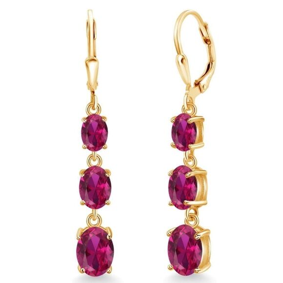 BijouStudios Earrings Jewelry - 18K Yellow Gold with 5.40 Cttw 3 Stone Ruby Dangling Leverback Drop Earrings